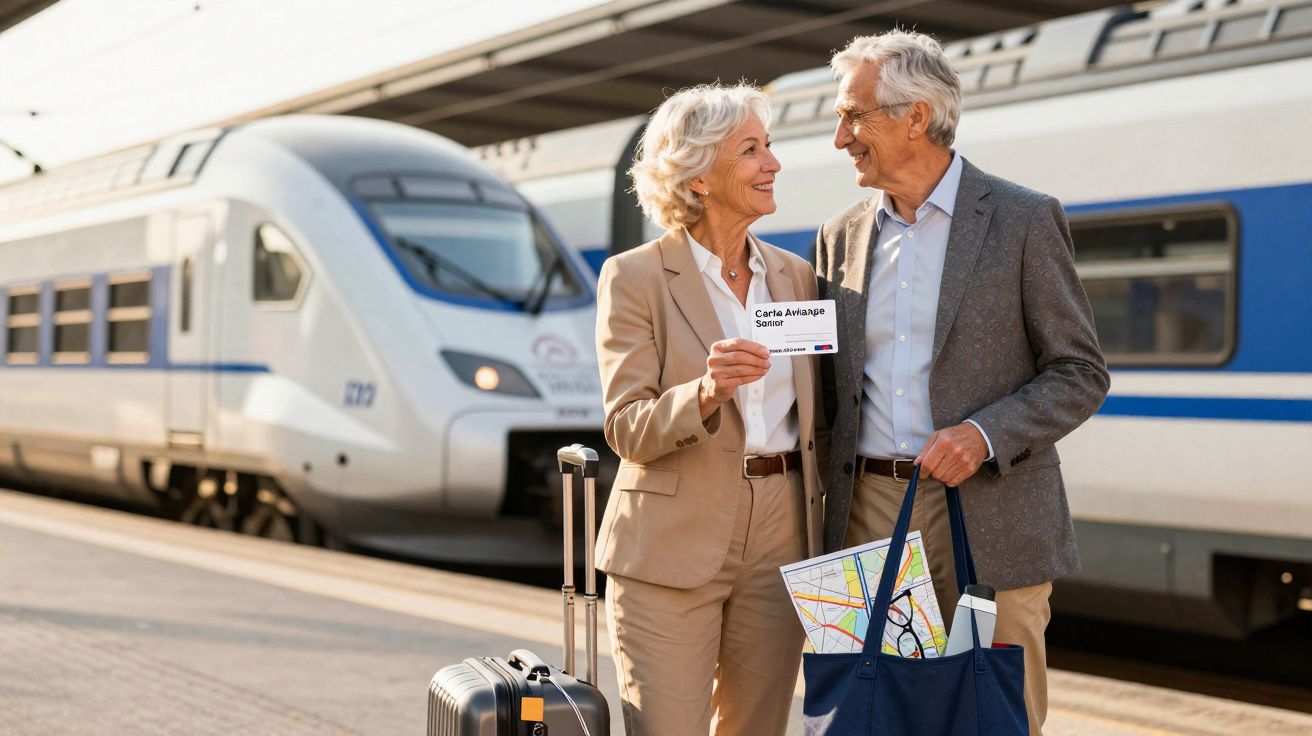 Casal idoso sorrindo na estação de trem com malas e mapa, segurando bilhete de viagem.