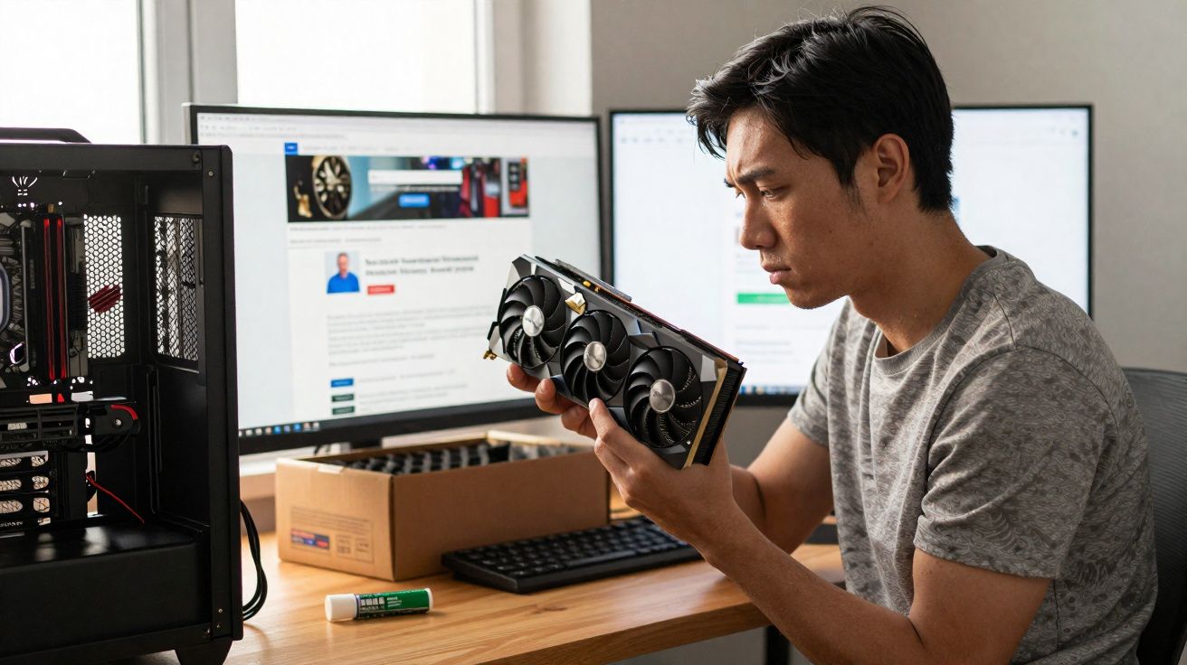 Homem analisando uma placa de vídeo diante de dois monitores e um computador aberto em mesa de trabalho.