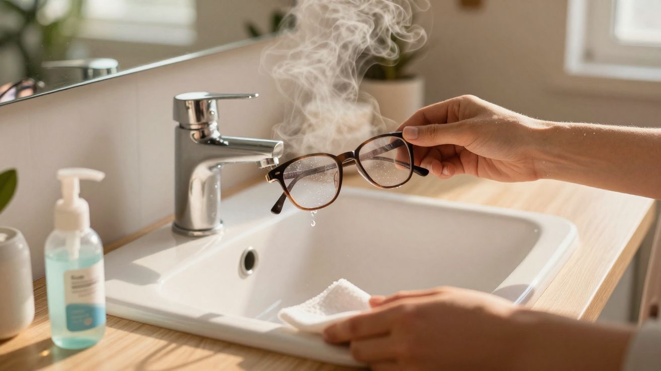 Pessoa usando vapor para limpar óculos sobre pia de banheiro com sabonete líquido ao lado.