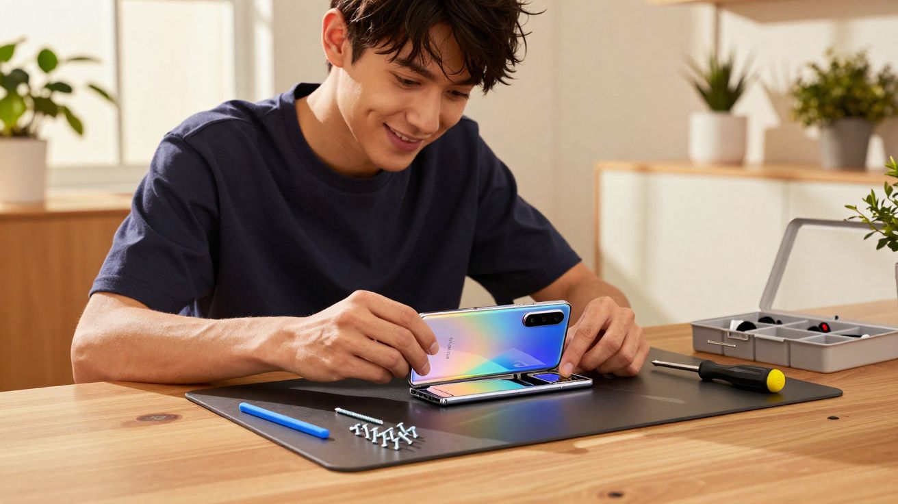 Jovem monta ou desmonta um smartphone na mesa com ferramentas e peças espalhadas.