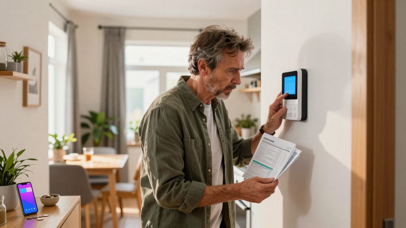 Homem ajusta termostato digital na parede enquanto segura conta de energia em ambiente doméstico.