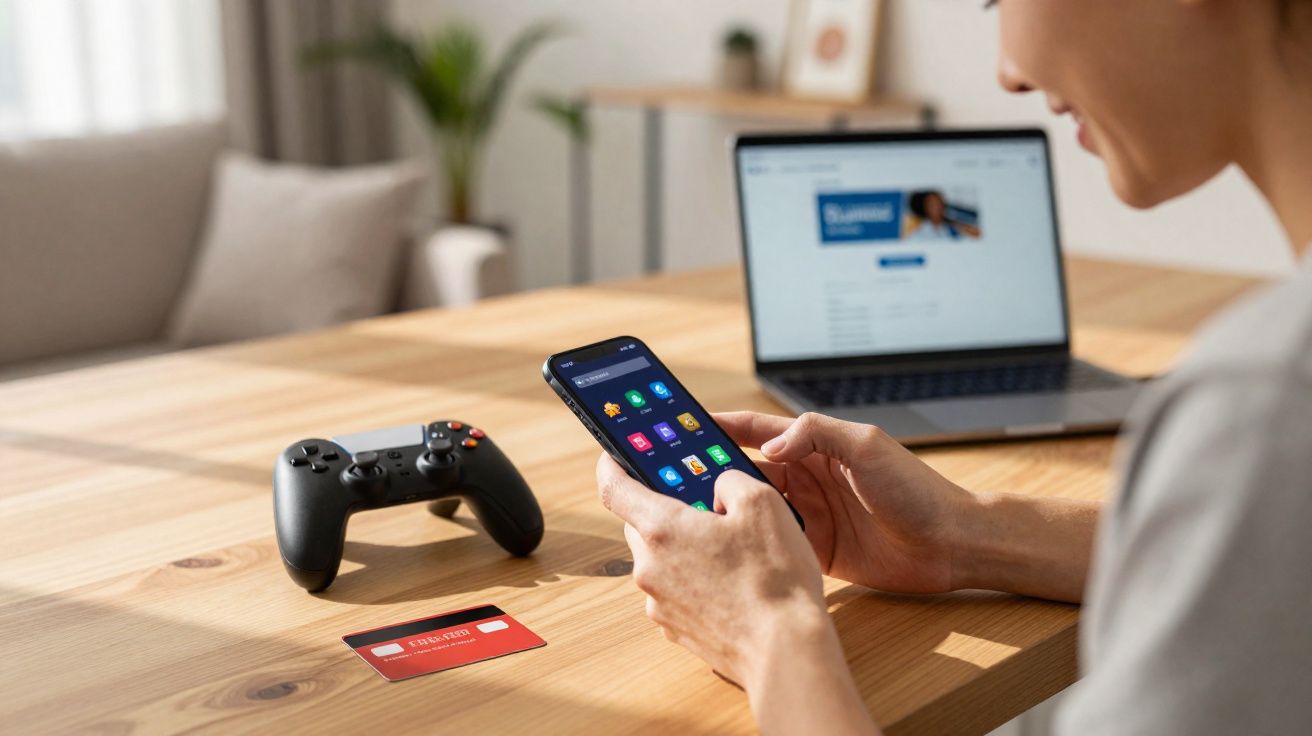 Pessoa usando celular com controles de videogame e cartão de crédito sobre mesa de madeira.