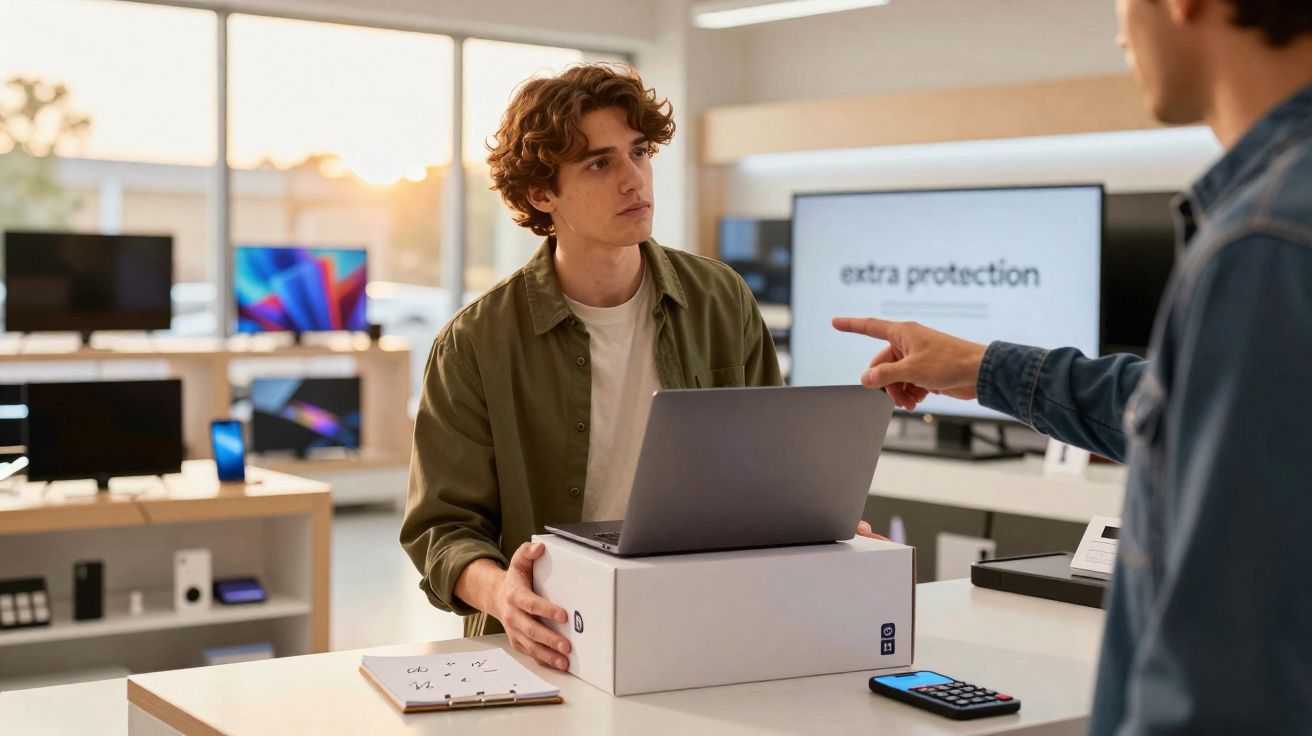 Cliente jovem conversando com vendedor em loja de eletrônicos, com notebook sobre caixa no balcão.