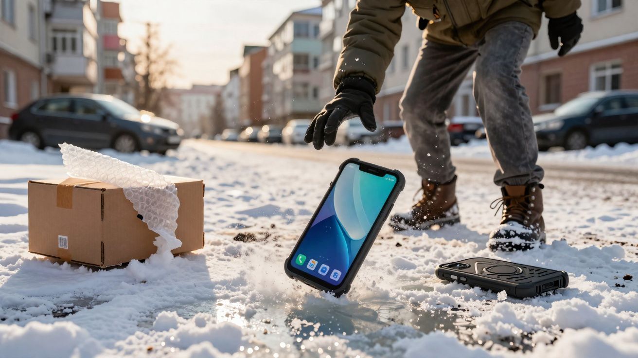 Celular caindo na neve perto de caixa de papelão e pessoa tentando alcançar o aparelho.