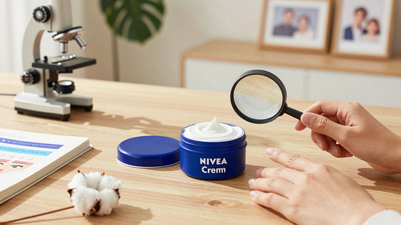 Mãos seguram lupa sobre pote aberto de creme Nivea em mesa de madeira com algodão e livro ao fundo.