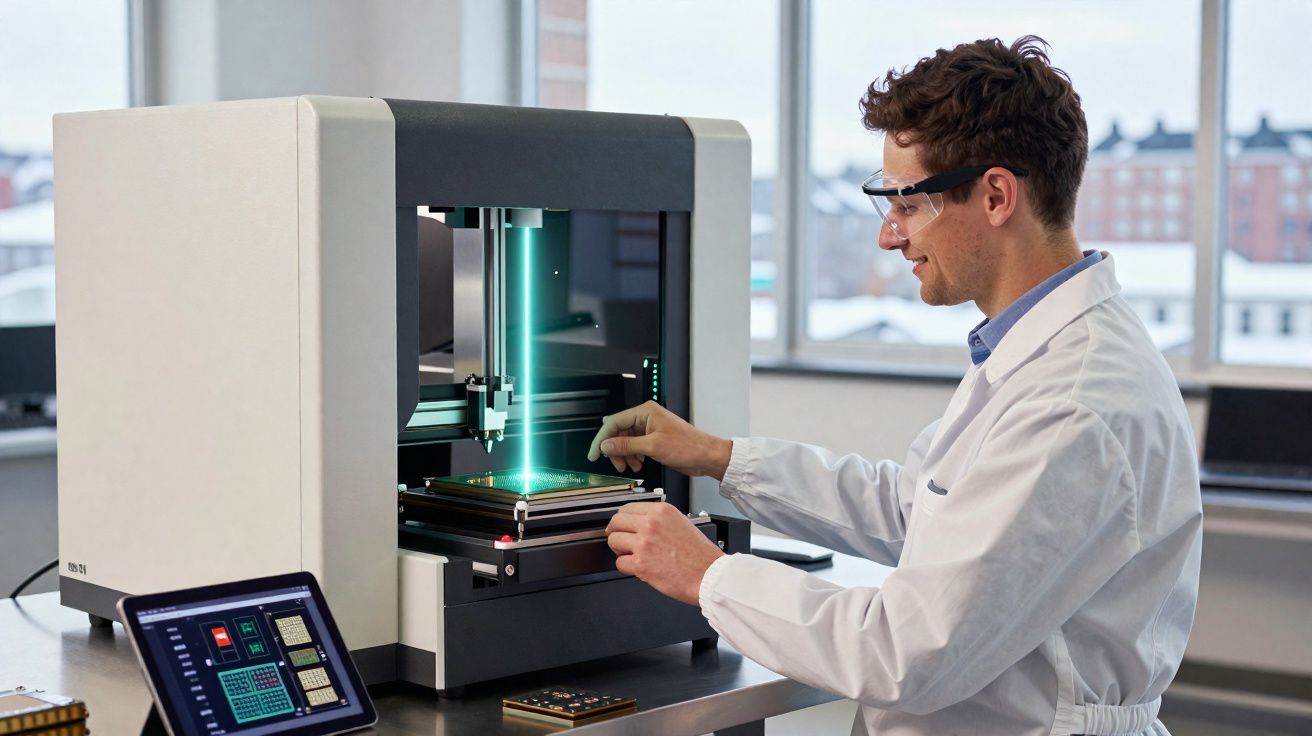 Homem com jaleco branco usando impressora 3D em laboratório com tablet ao lado.