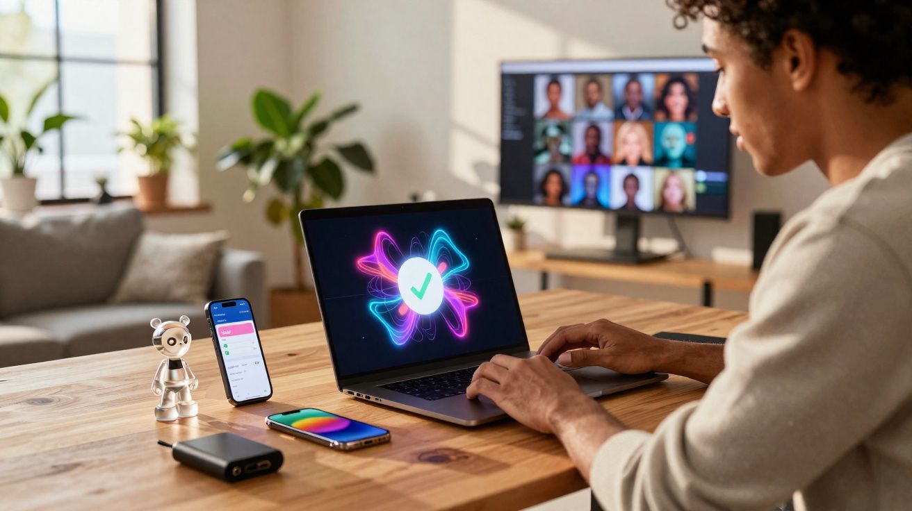 Pessoa digitando em laptop com símbolo de confirmação na tela, smartphone, boneco e reunião virtual ao fundo.