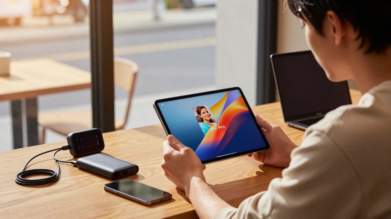 Pessoa segurando tablet com tela de vídeo chamada em mesa com smartphone, carregador portátil e laptop fechado.