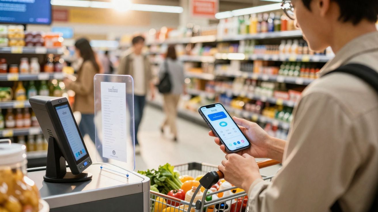 Pessoa usando celular para pagamento eletrônico em supermercado com carrinho cheio de alimentos.