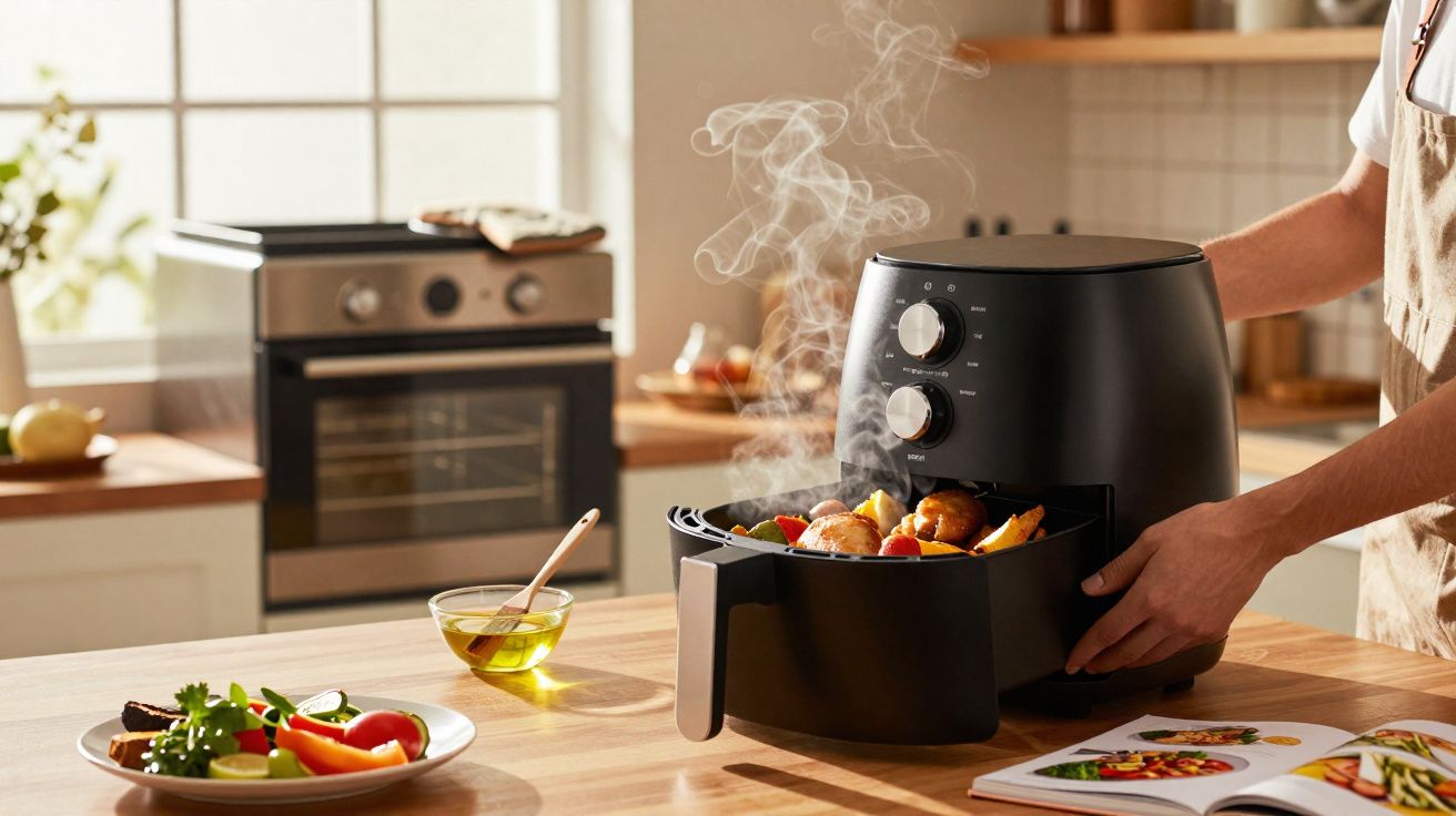 Pessoa retirando alimentos quentes de air fryer preta em cozinha com janela e fogão ao fundo.