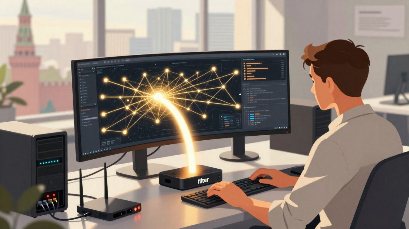 Pessoa trabalhando em computador com gráficos de conexões brilhantes sendo filtradas por dispositivo chamado filter.