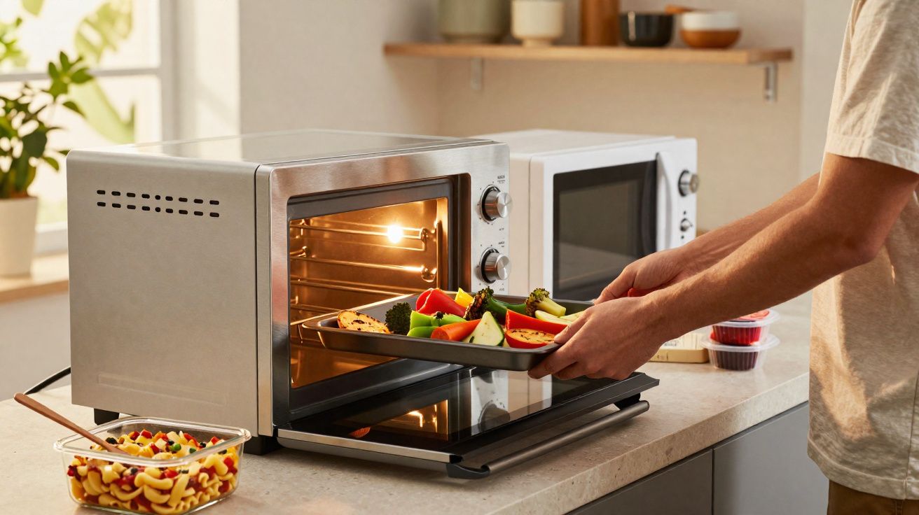 Pessoa tirando uma assadeira com legumes coloridos de um forno elétrico na cozinha.