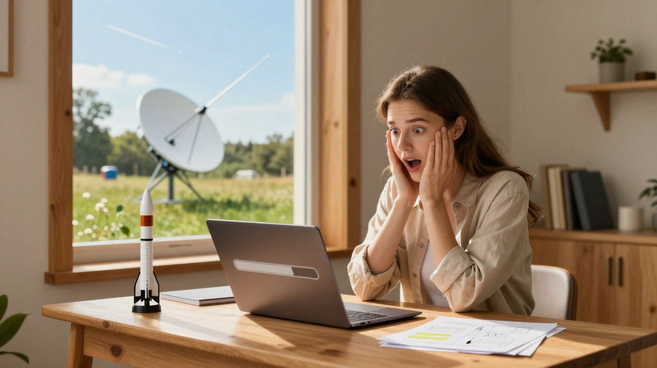 Mulher surpresa usando laptop em mesa de madeira perto de modelo de foguete, com antena parabólica ao fundo.