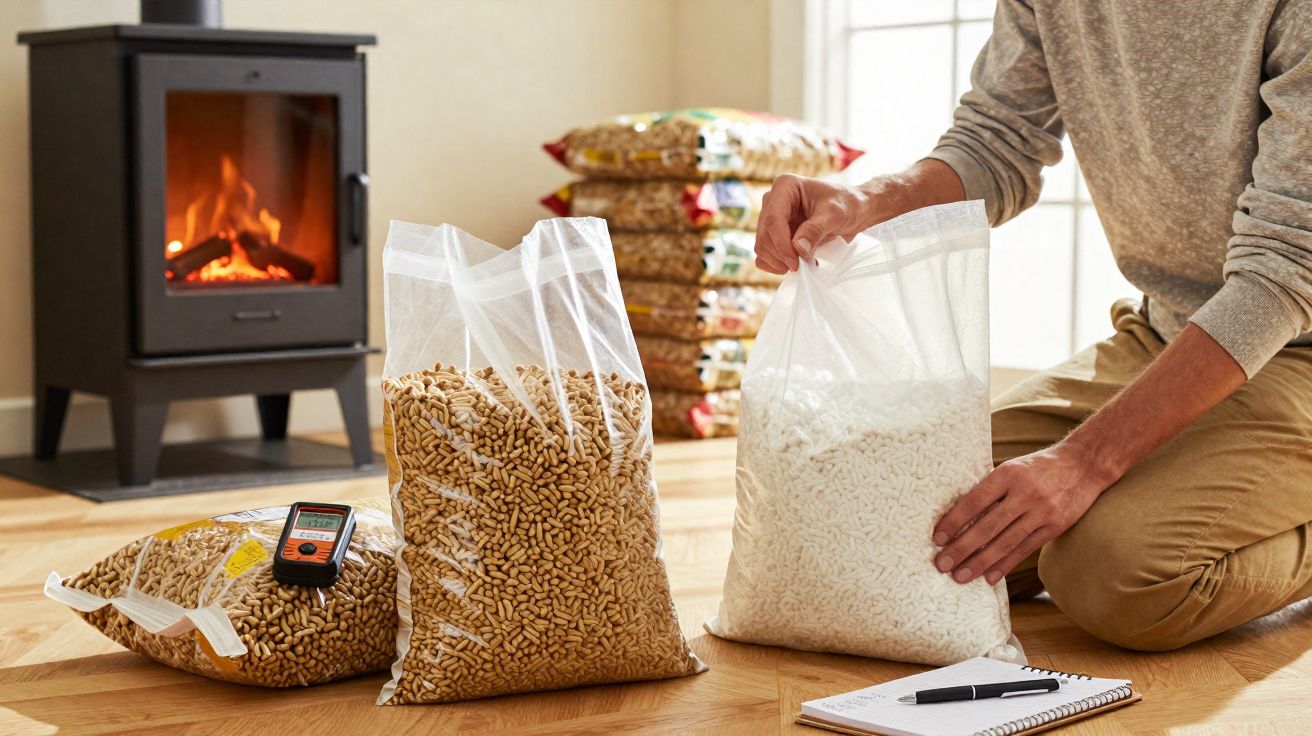 Pessoa abrindo saco de pellet ao lado de lareira sustentável em ambiente interno.