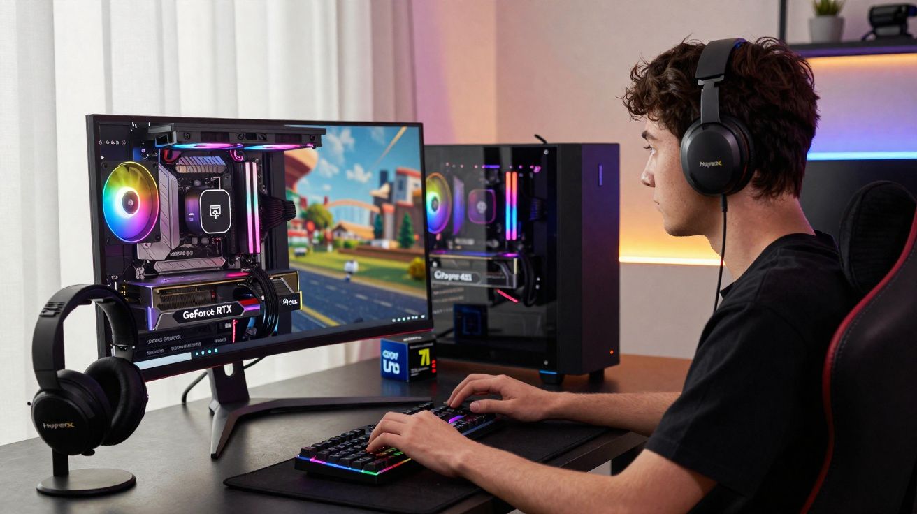 Jovem jogando videogame em computador gamer com iluminação RGB e headset em escritório moderno.