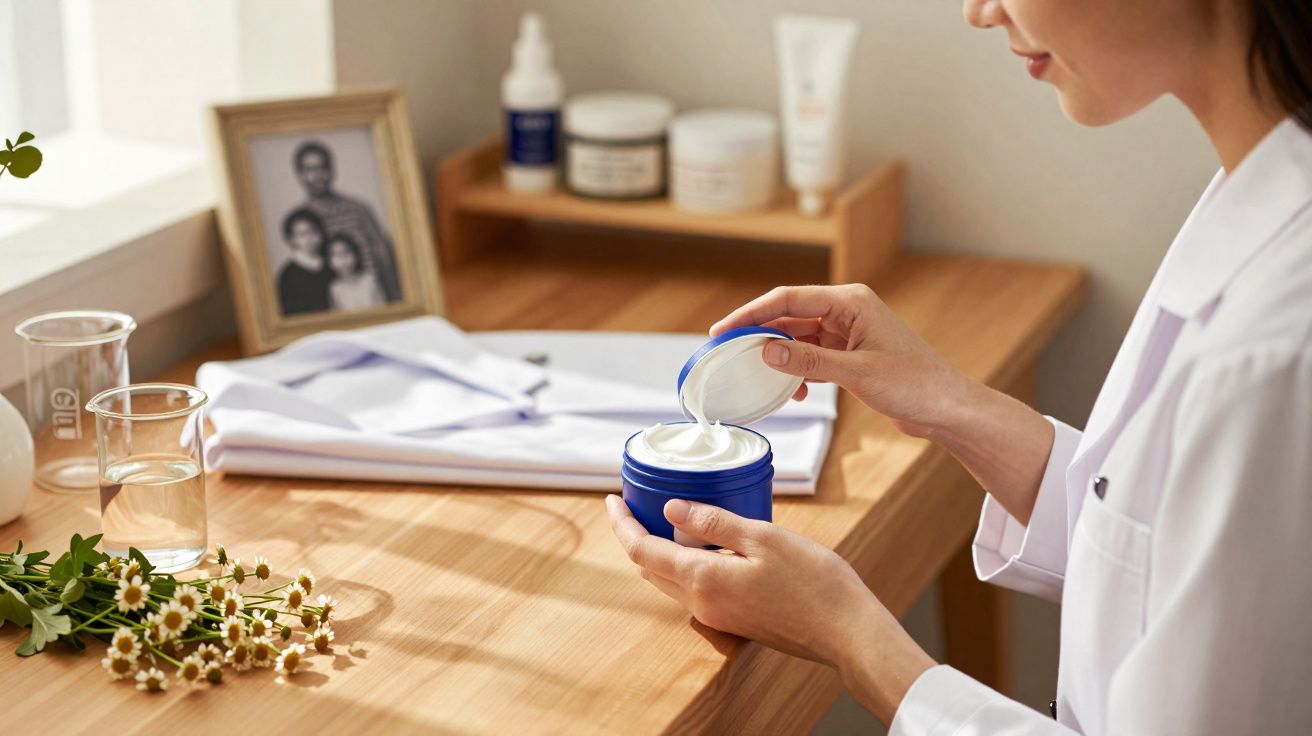 Pessoa de jaleco branco segurando pote azul com creme em ambiente de consultório ou laboratório.