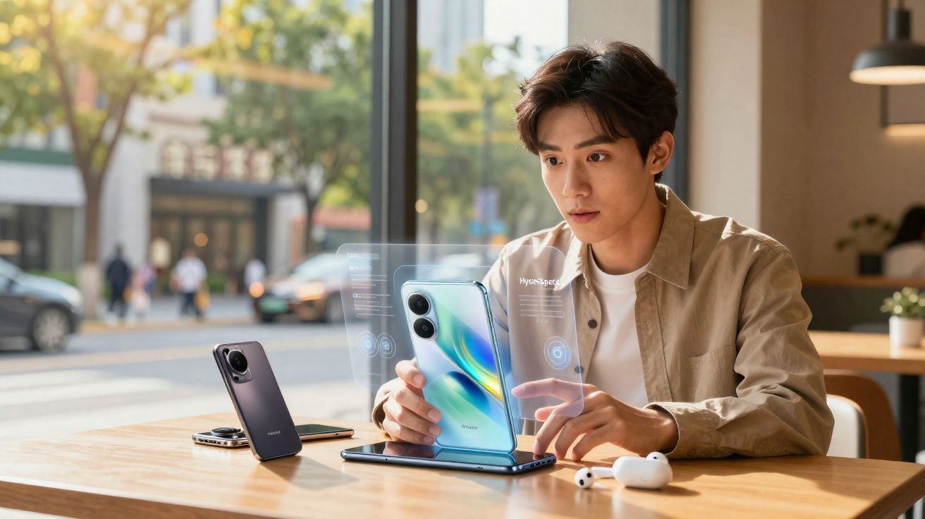 Jovem usando smartphone com interface holográfica sentado à mesa em cafeteria iluminada.