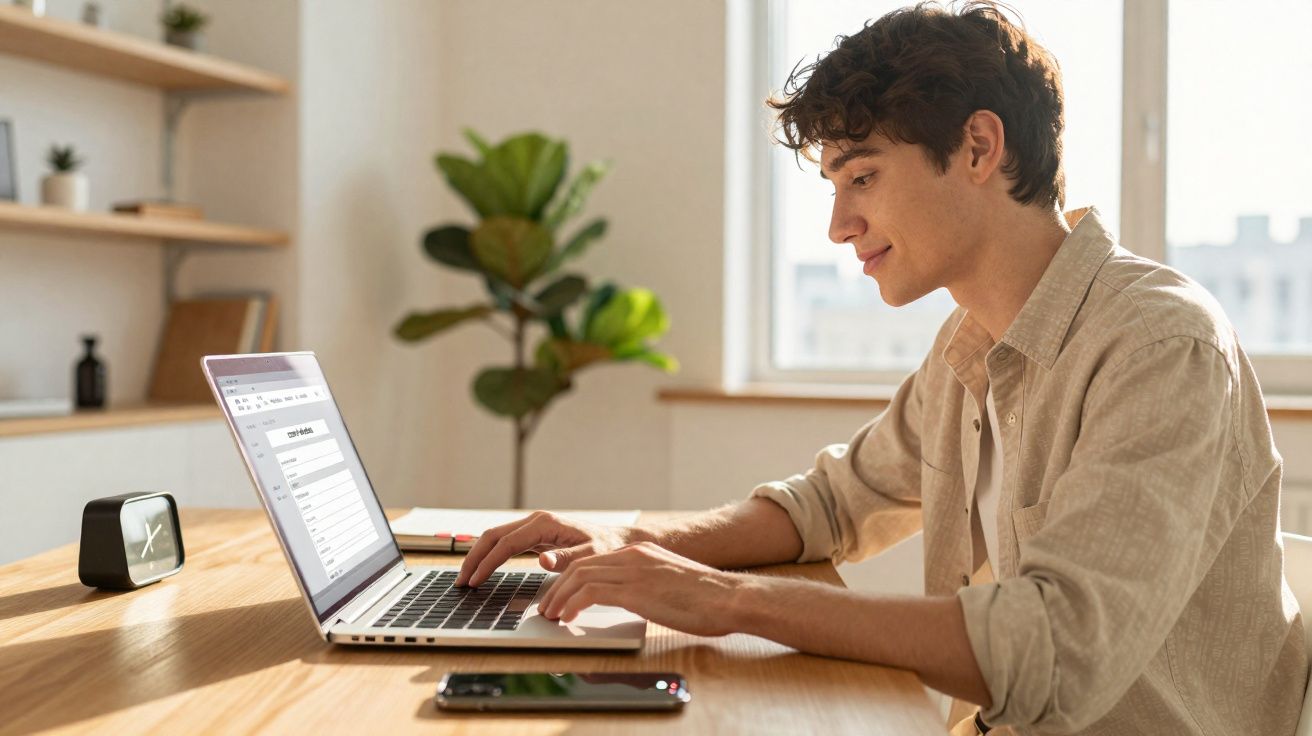Jovem sentado à mesa usando laptop com aplicativo aberto, smartphone e relógio digital à sua frente.