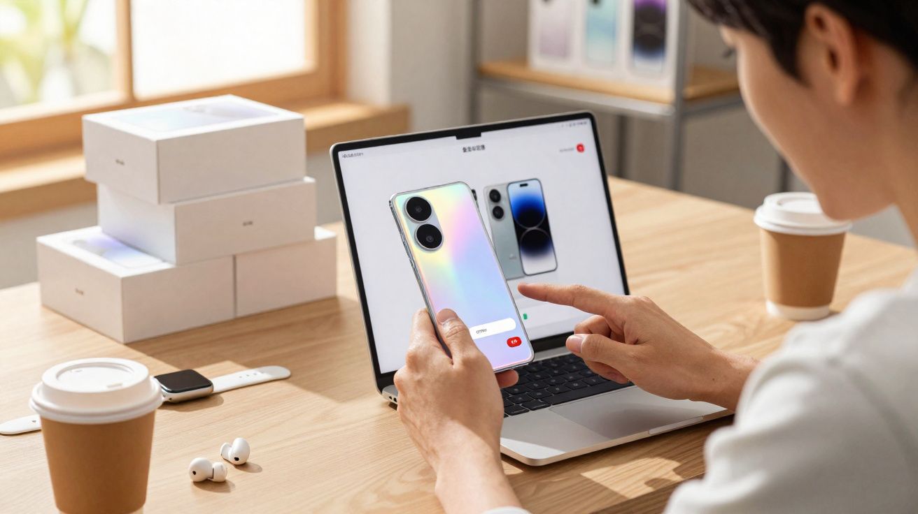 Pessoa compra ou explora smartphones em site no laptop, segurando celular com efeito iridescente na mão direita.