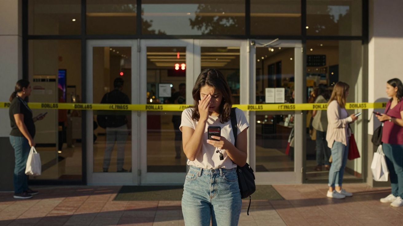 Jovem preocupada lê mensagem no celular em frente a loja isolada com fita amarela e outras pessoas ao redor.