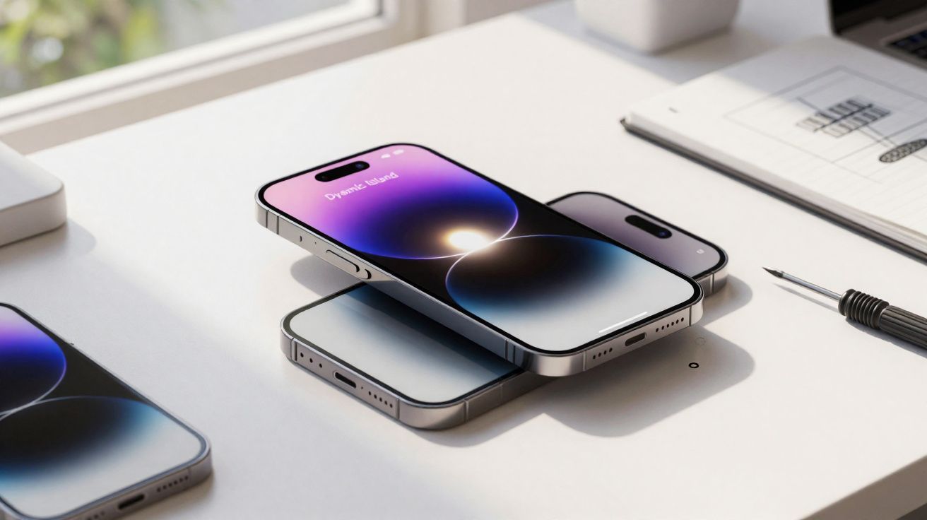 Três smartphones modernos sobre uma mesa branca, ao lado de uma caneta de precisão e uma agenda aberta.