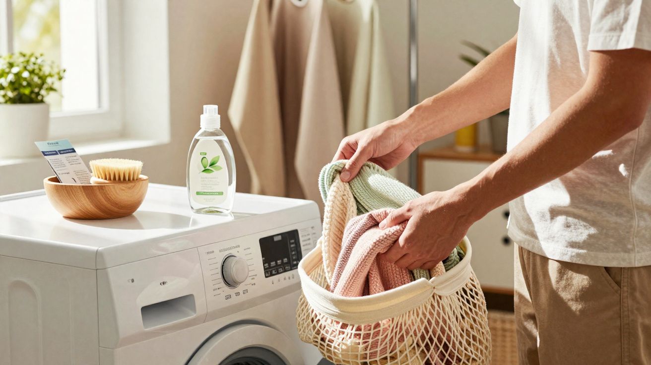 Pessoa colocando roupas coloridas em cesta de roupa ao lado de máquina de lavar branca em lavanderia iluminada.
