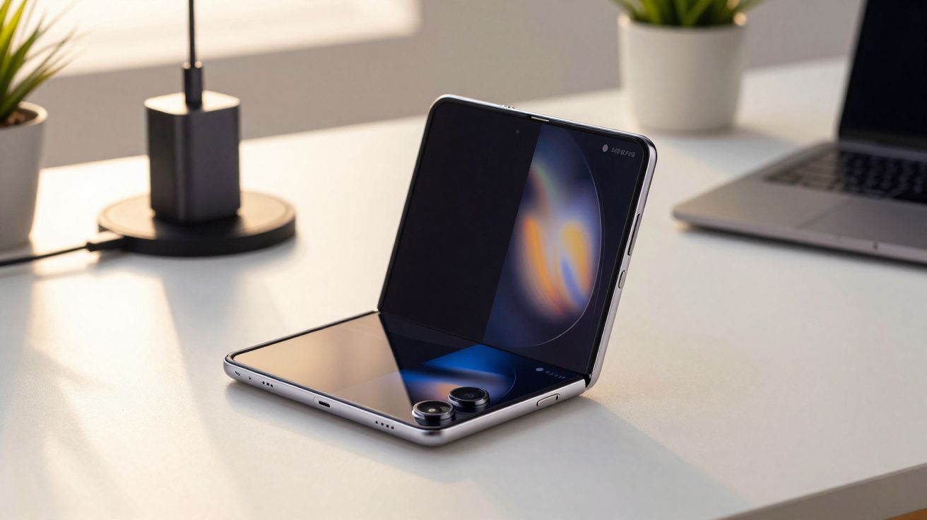 Smartphone dobrável aberto parcialmente sobre mesa branca com notebook, luminária e plantas ao fundo.