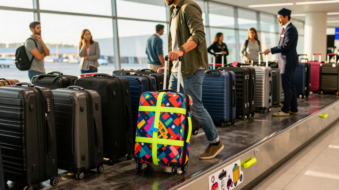 Passageiros aguardam malas na esteira do aeroporto, com destaque para mala colorida e cadeado amarelo.