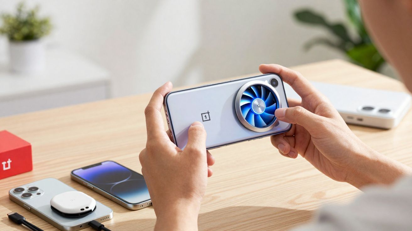 Pessoa segurando smartphone com acessório cooler azul anexo na parte traseira, sobre mesa com celulares e carregadores.