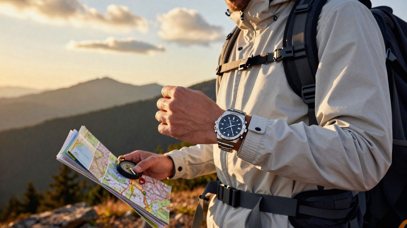Pessoa com mochila e jaqueta segurando mapa e bússola em trilha de montanha ao pôr do sol.