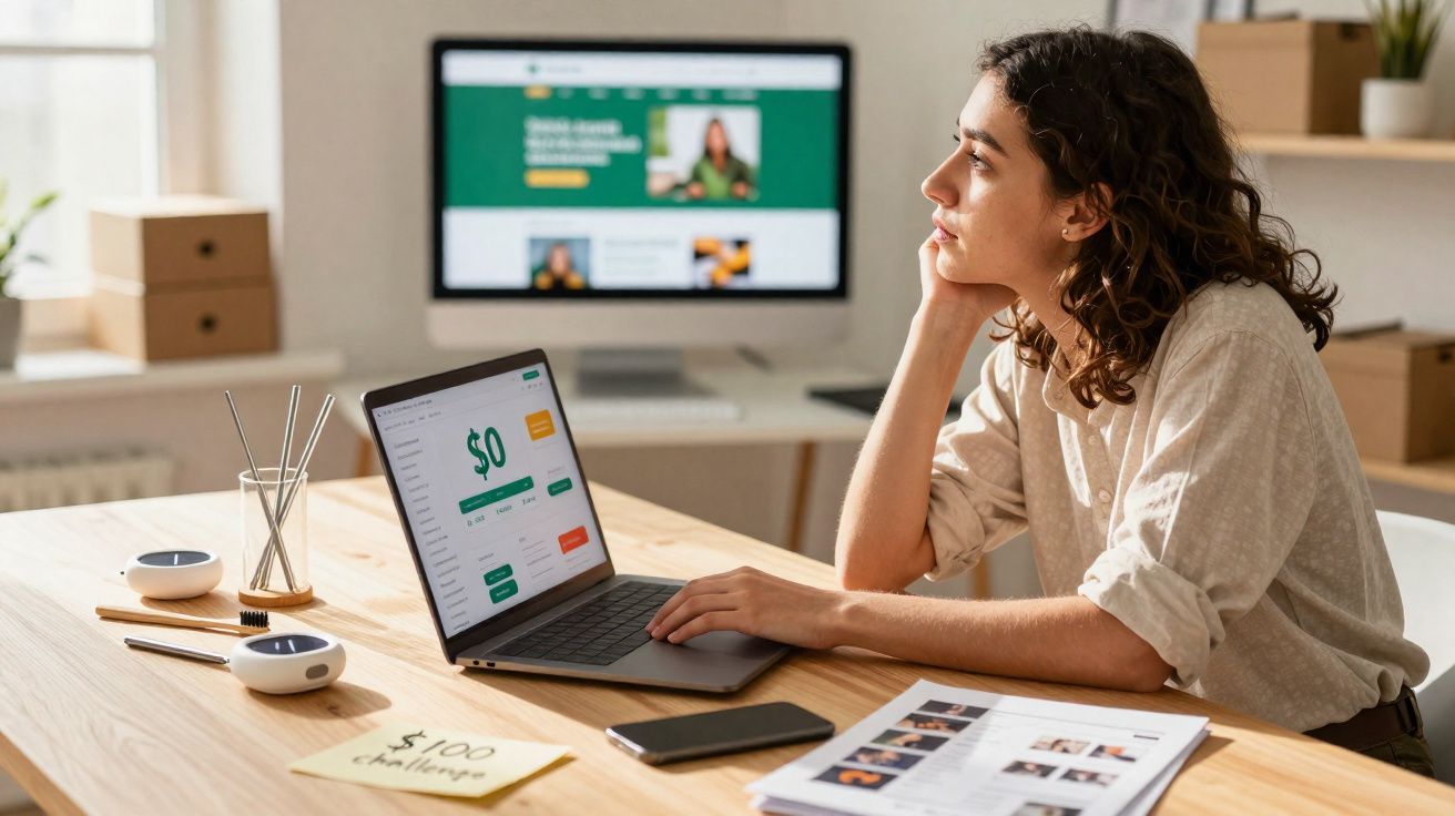 Mulher sentada à mesa olhando para o lado com laptop aberto mostrando saldo zero em aplicativo financeiro.