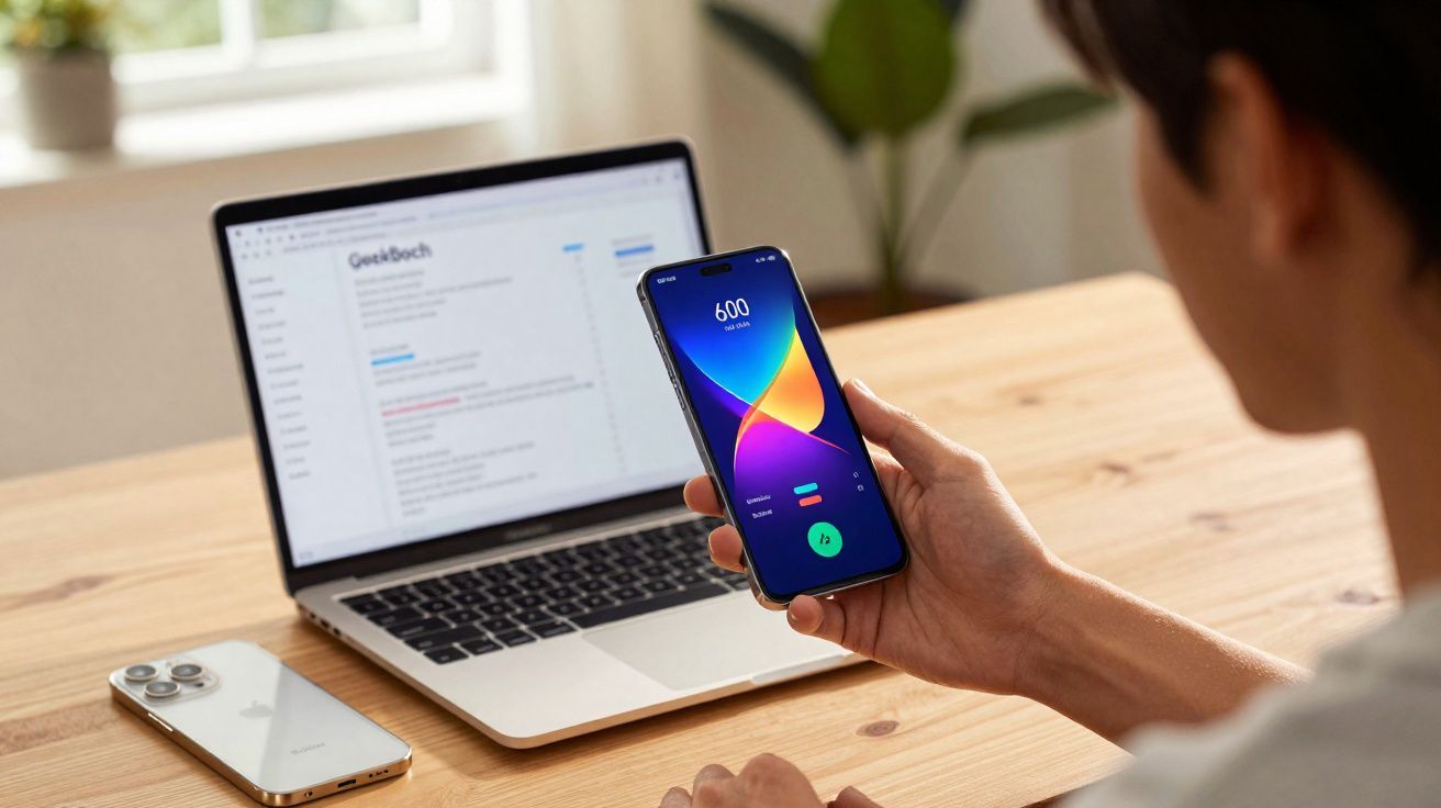 Pessoa segurando smartphone com aplicativo aberto, em frente a notebook em mesa de madeira clara.