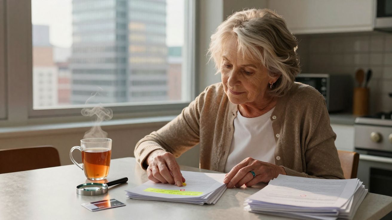 Mulher idosa revisando documentos em mesa com xícara de chá quente e lupa ao lado, em ambiente claro.