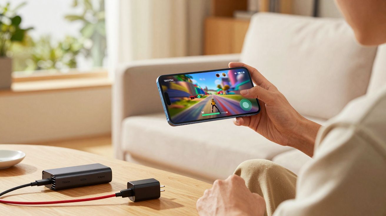 Pessoa jogando videogame móvel em smartphone azul em sala com sofá e mesa de madeira.