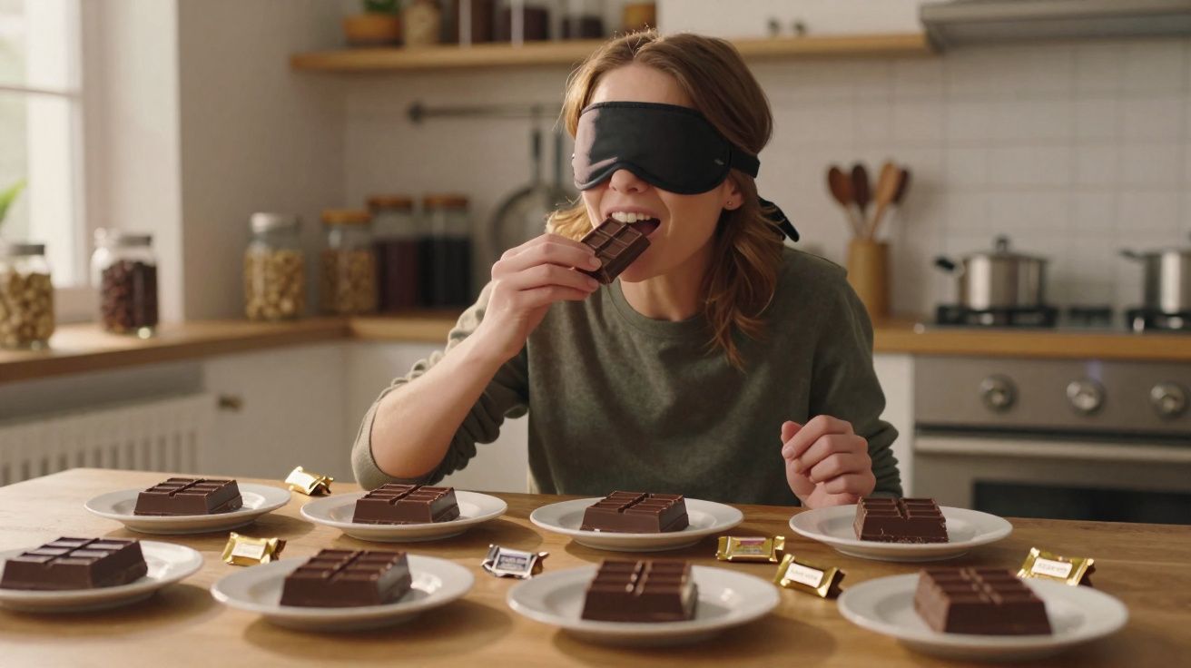 Mulher vendada provando pedaço de chocolate sentada à mesa com várias porções de chocolate em pratos.