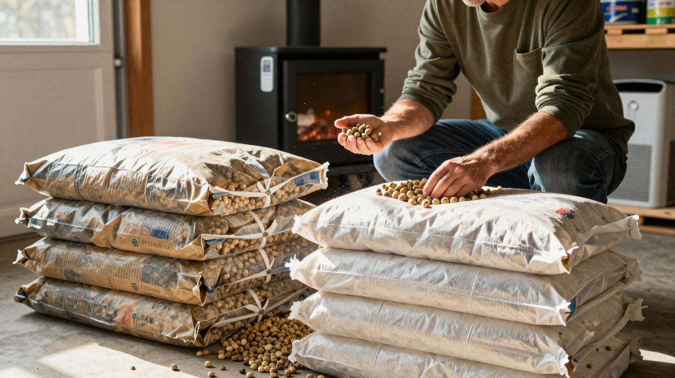 Homem sentado no chão mexendo em grãos de soja sobre sacos empilhados dentro de ambiente com fogão a lenha.