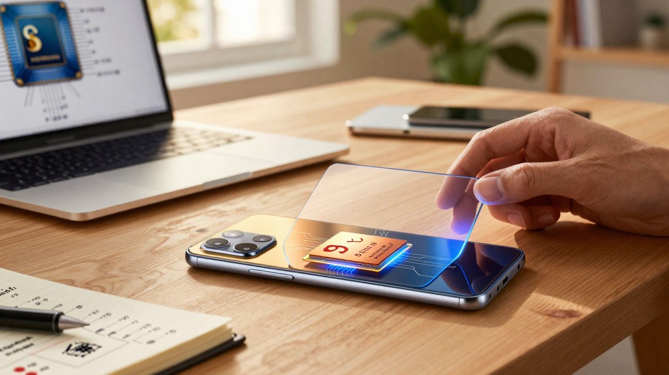 Mão levantando película protetora mostrando chip Apple A16 Bionic em smartphone sobre mesa de madeira.