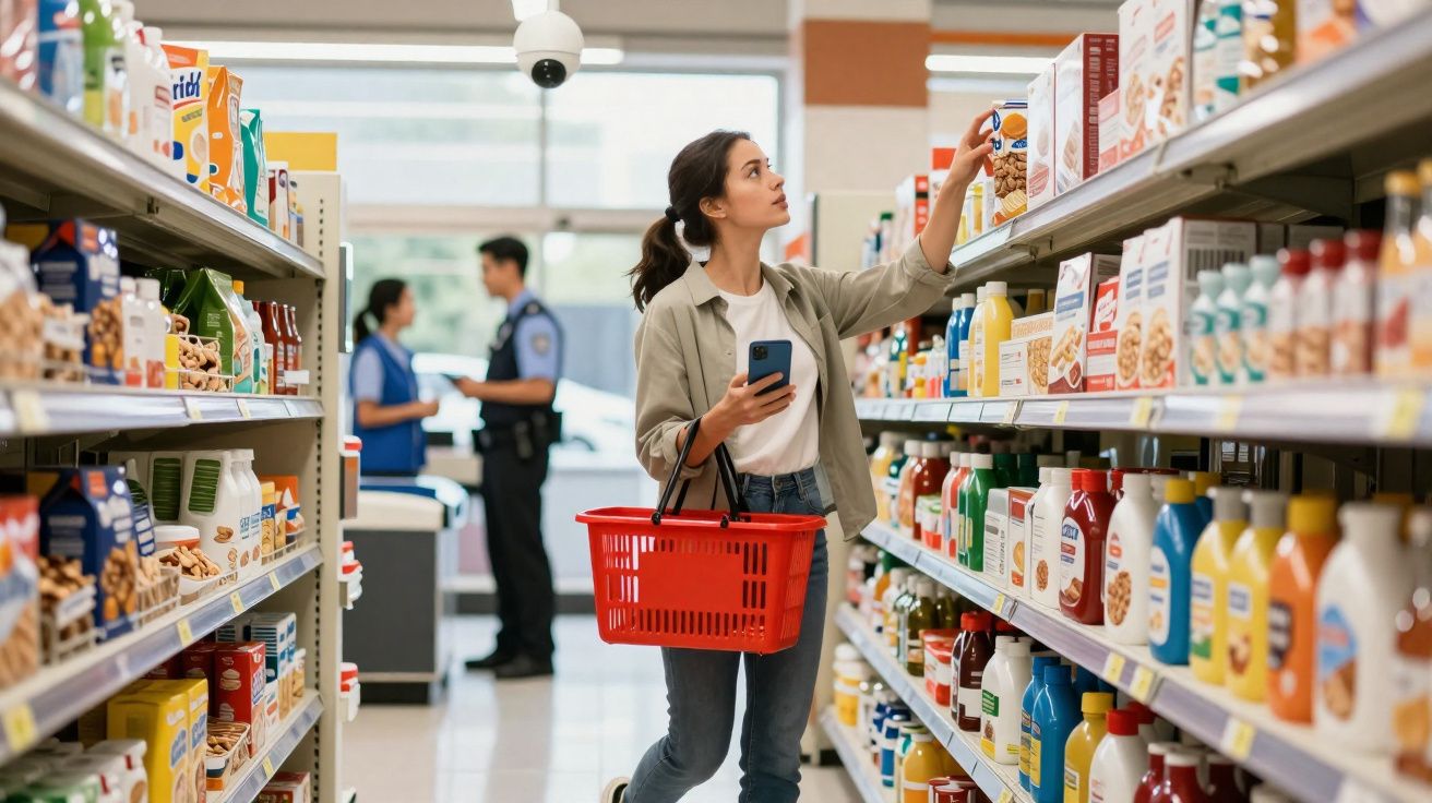 Mulher com cesta vermelha escolhe produto em supermercado enquanto segura celular na mão direita.