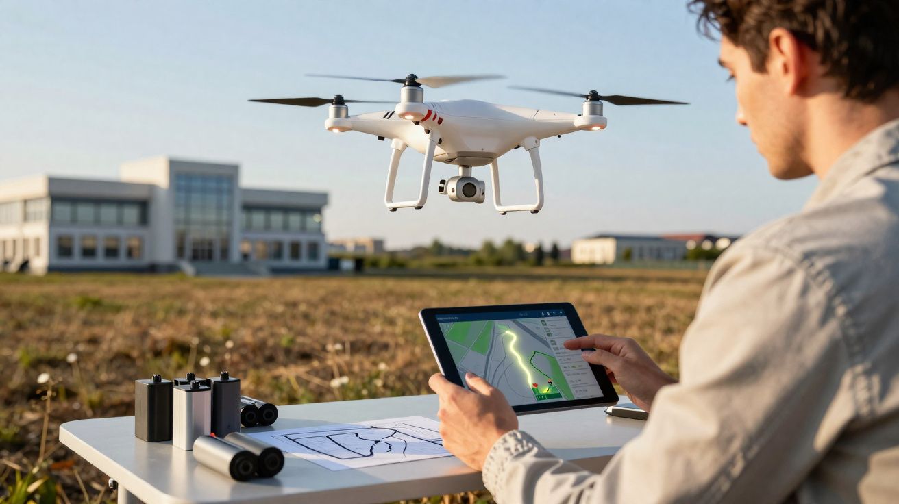 Homem controlando drone com tablet em área externa próxima a edifícios modernos.