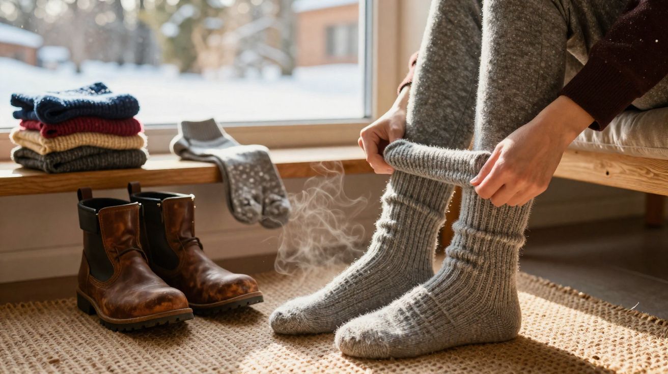 Pessoa vestindo meias grossas e quentes, ao lado de botas e roupas dobradas perto da janela com neve do lado de fora.