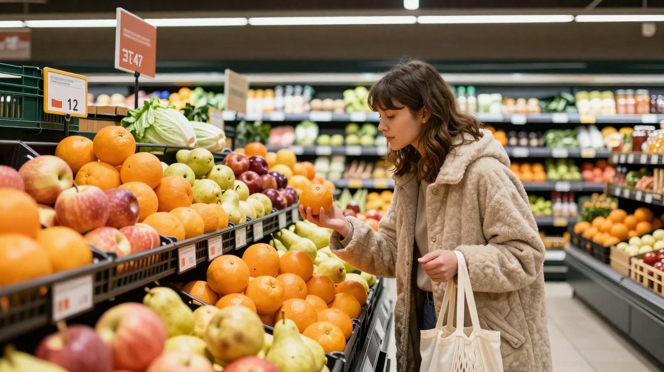 Mulher de casaco bege segurando uma laranja em supermercado na seção de frutas.