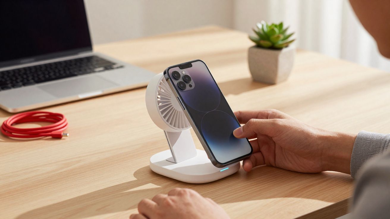Pessoa apoiando smartphone em carregador sem fio com ventilador em mesa com notebook e planta.