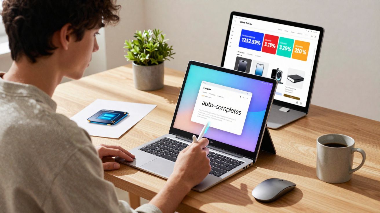 Pessoa utilizando tablet com caneta digital ao lado de laptop e caneca em mesa de madeira.