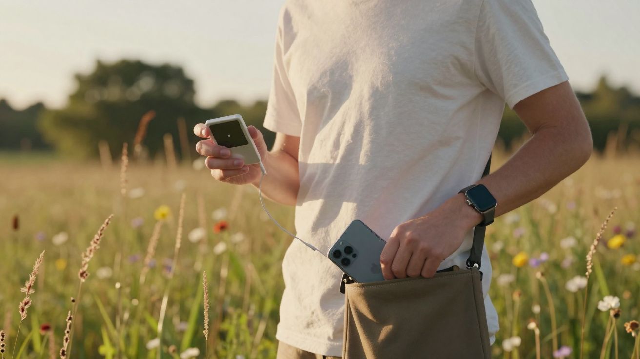 Pessoa usando camiseta branca guarda celular na bolsa e segura aparelho de música em campo florido ao pôr do sol.