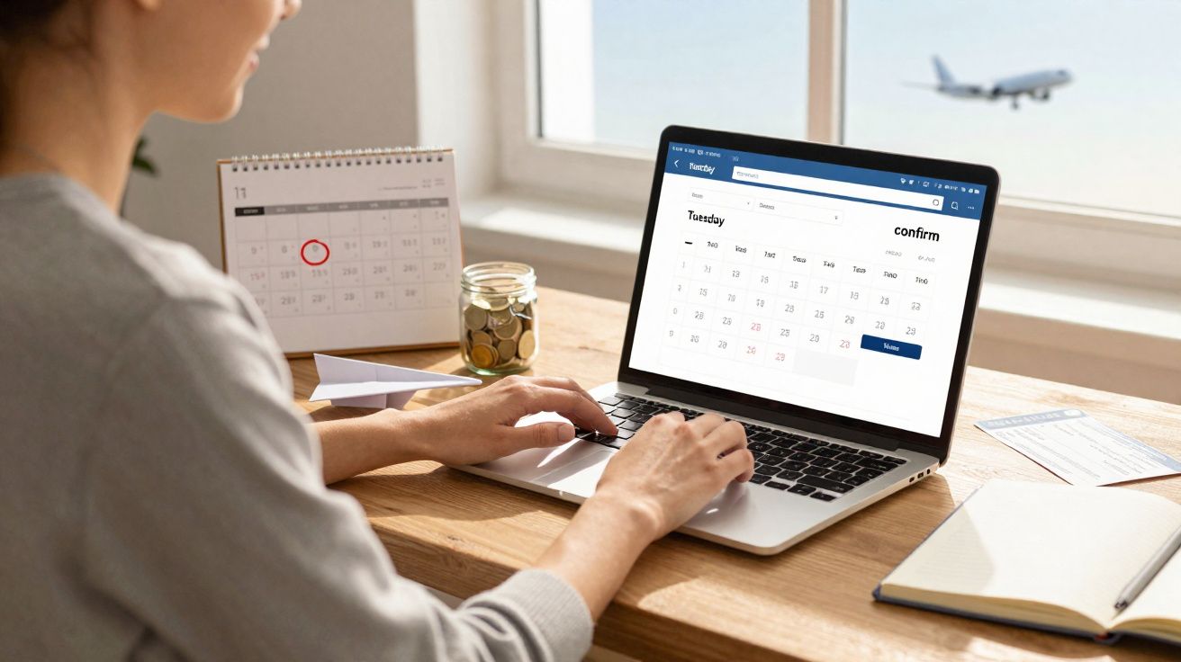 Pessoa usando laptop para confirmar data, com calendário, cofrinho e avião ao fundo na janela.