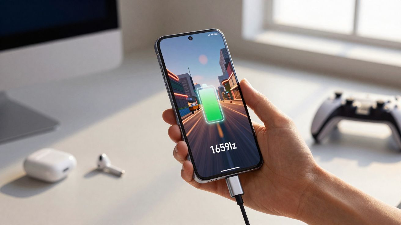 Pessoa segurando celular carregando com fone e controle de videogame em mesa clara ao fundo