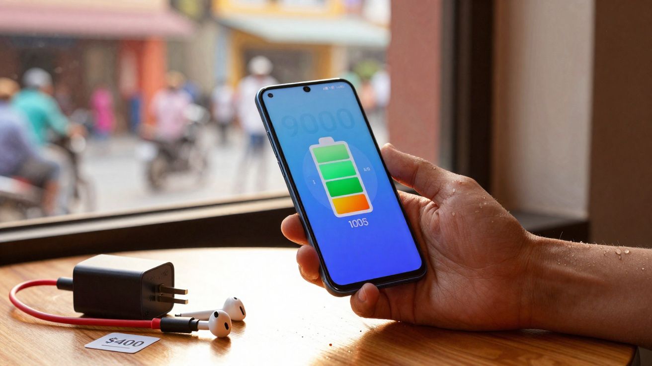 Pessoa segurando celular com ícone de bateria carregando, carregador e fones sobre mesa de madeira junto a janela.