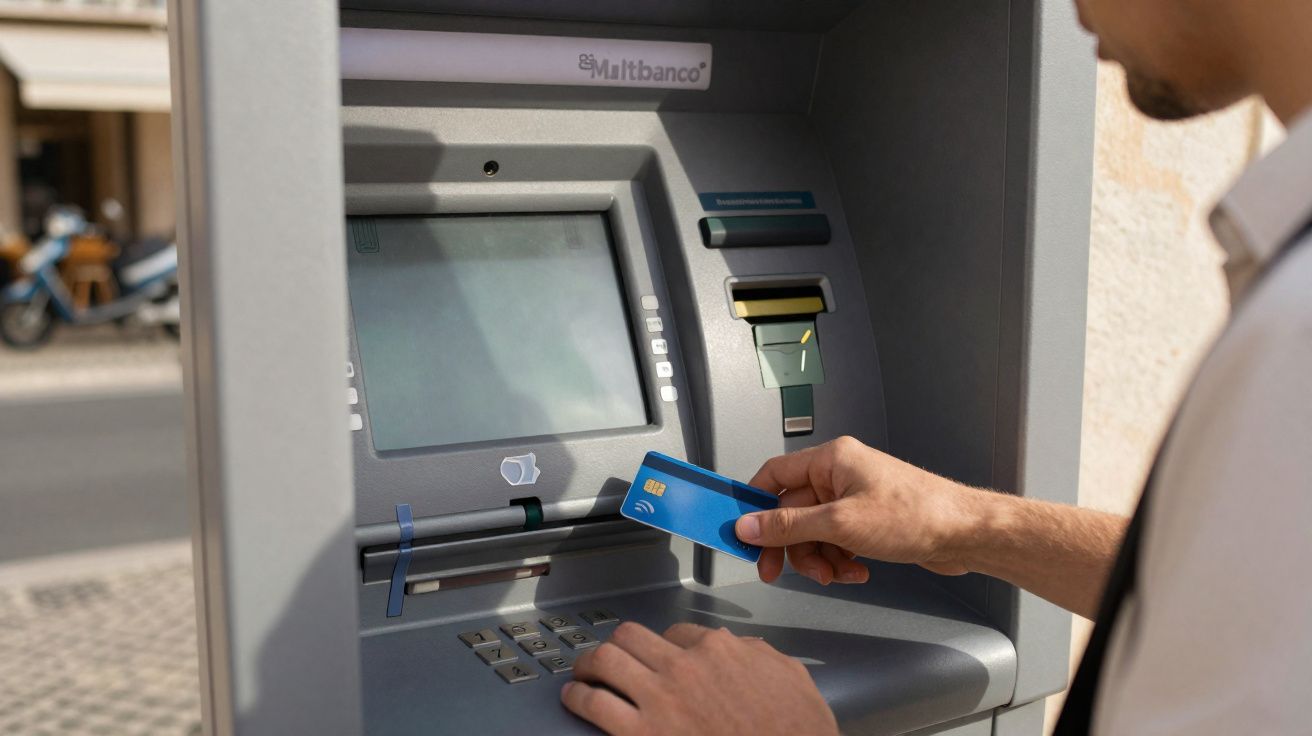 Pessoa usando cartão azul para realizar operação em caixa eletrônico Multibanco ao ar livre.
