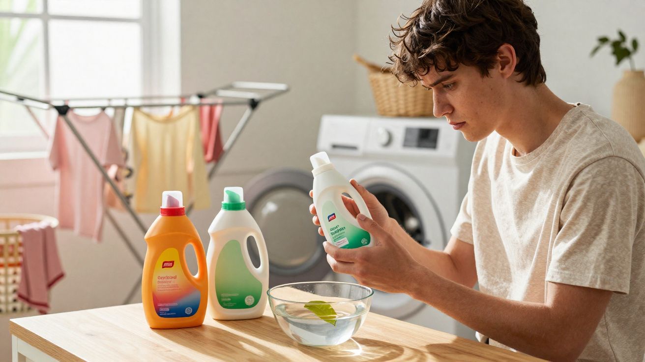 Jovem lendo rótulo de detergente líquido, com máquina de lavar e roupas secando ao fundo.