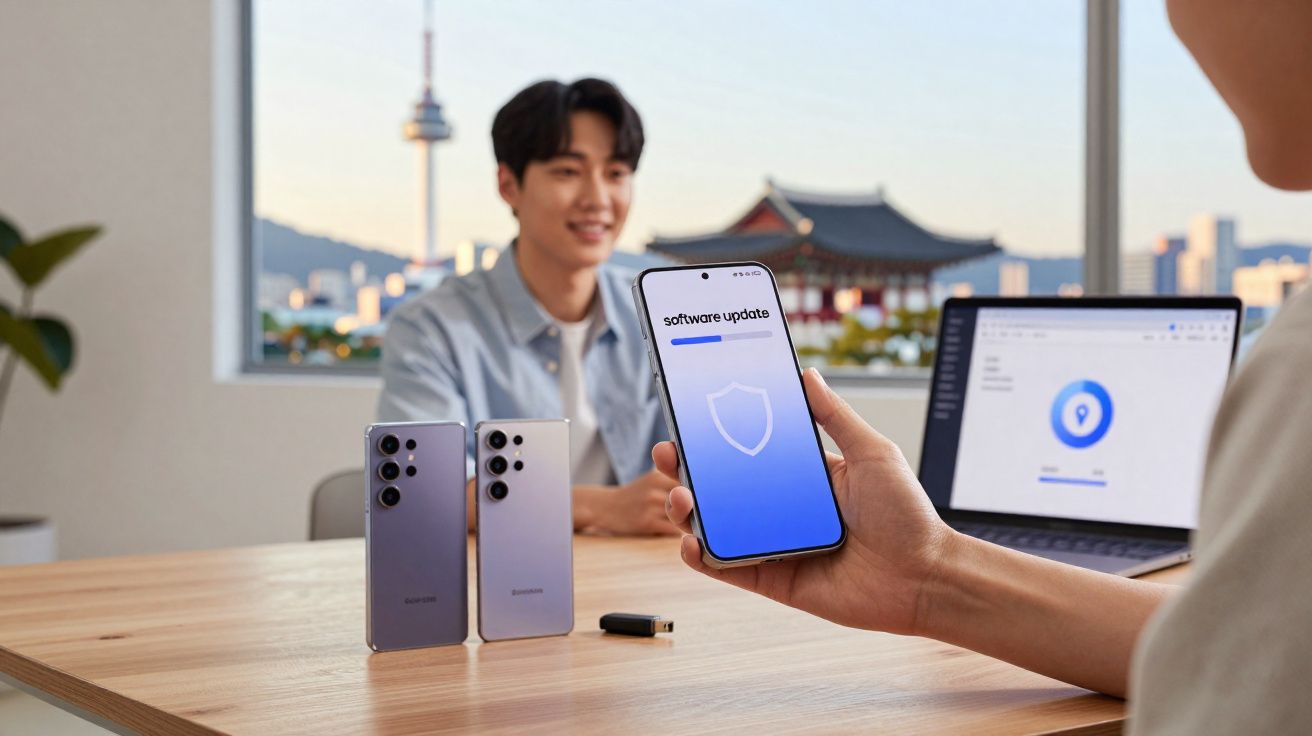 Pessoa segurando celular com atualização de software na tela, outros celulares e laptop em mesa à frente de homem sorridente.